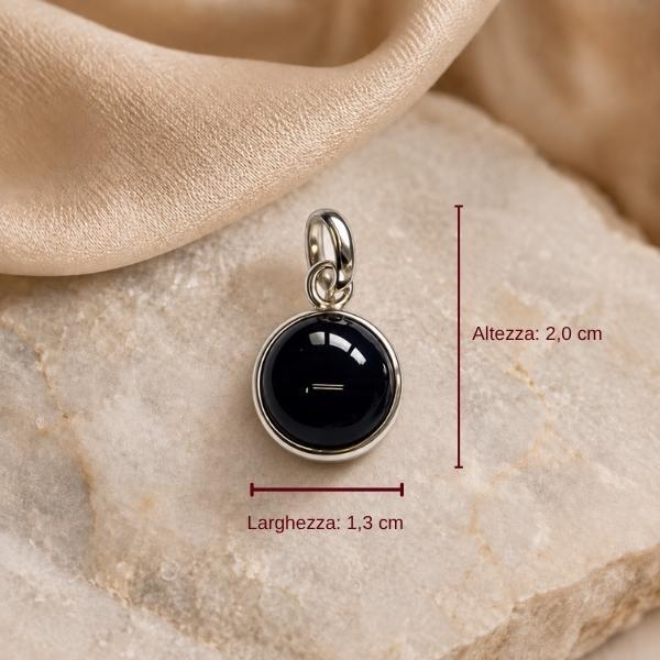 PENDENTE MINIMAL TONDO PIETRA CABOCHON TORMALINA NERA E ARGENTO 925