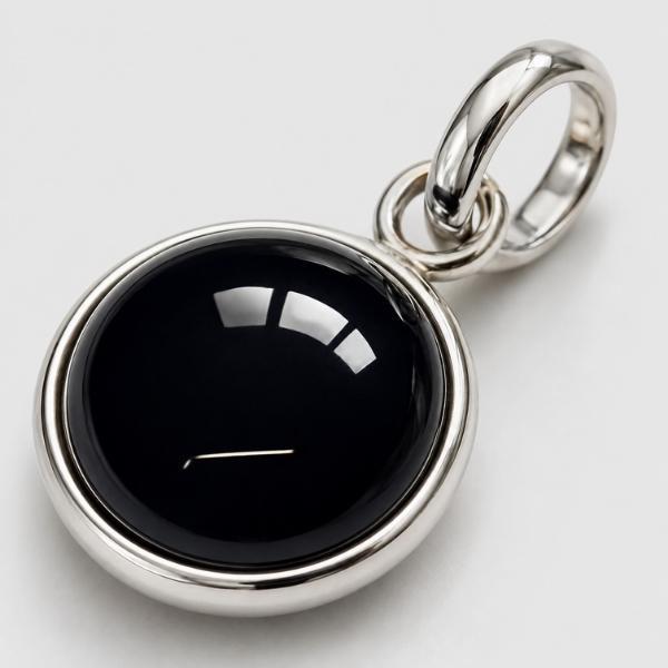 PENDENTE MINIMAL TONDO PIETRA CABOCHON TORMALINA NERA E ARGENTO 925