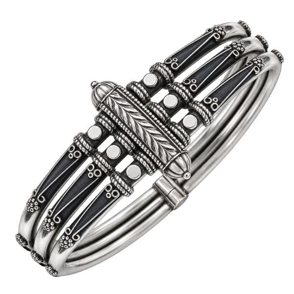 BRACCIALE RIGIDO BANGLE RAJASTHAN TRIBAL PUNTINATO ARGENTO 925
