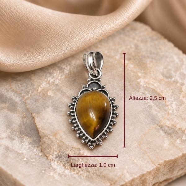 PENDENTE GOCCIA CAPOVOLTA CORNICE PUNTINATA CON PIETRA CABOCHON OCCHIO DI TIGRE  E ARGENTO 925