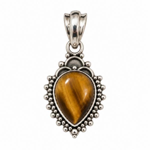 PENDENTE GOCCIA CAPOVOLTA CORNICE PUNTINATA CON PIETRA CABOCHON OCCHIO DI TIGRE  E ARGENTO 925