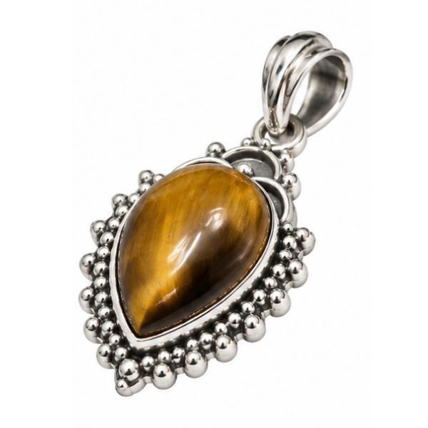 PENDENTE GOCCIA CAPOVOLTA CORNICE PUNTINATA CON PIETRA CABOCHON OCCHIO DI TIGRE  E ARGENTO 925