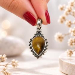 PENDENTE GOCCIA CAPOVOLTA CORNICE PUNTINATA CON PIETRA CABOCHON OCCHIO DI TIGRE  E ARGENTO 925