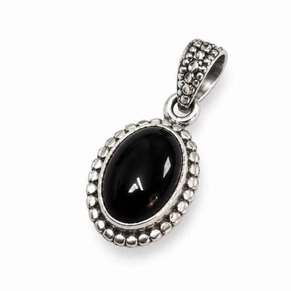PENDENTE OVALE CORNICE PUNTINATA CON PIETRA CABOCHON OSSIDIANA NERA  E ARGENTO 925