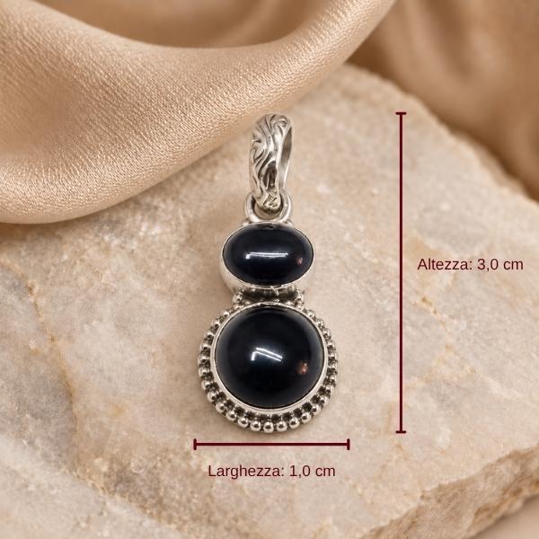 PENDENTE DOPPIA PIETRA TONDA CORNICE PUNTINATA CON PIETRA CABOCHON OSSIDIANA NERA  E ARGENTO 925