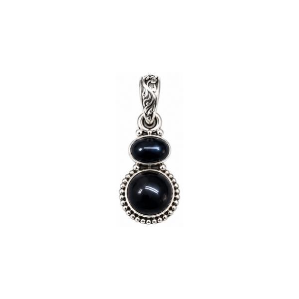 PENDENTE DOPPIA PIETRA TONDA CORNICE PUNTINATA CON PIETRA CABOCHON OSSIDIANA NERA  E ARGENTO 925