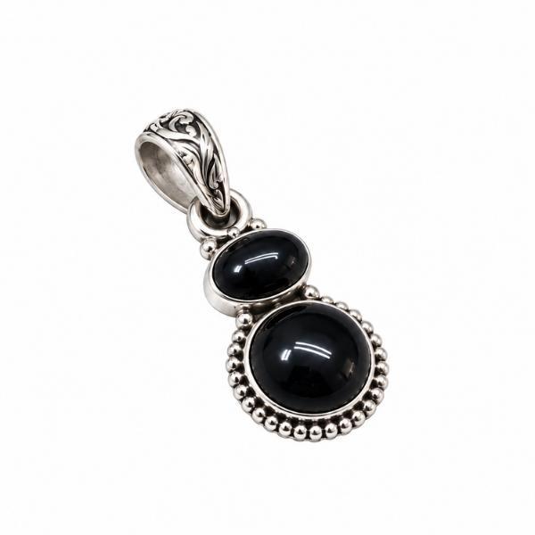 PENDENTE DOPPIA PIETRA TONDA CORNICE PUNTINATA CON PIETRA CABOCHON OSSIDIANA NERA  E ARGENTO 925