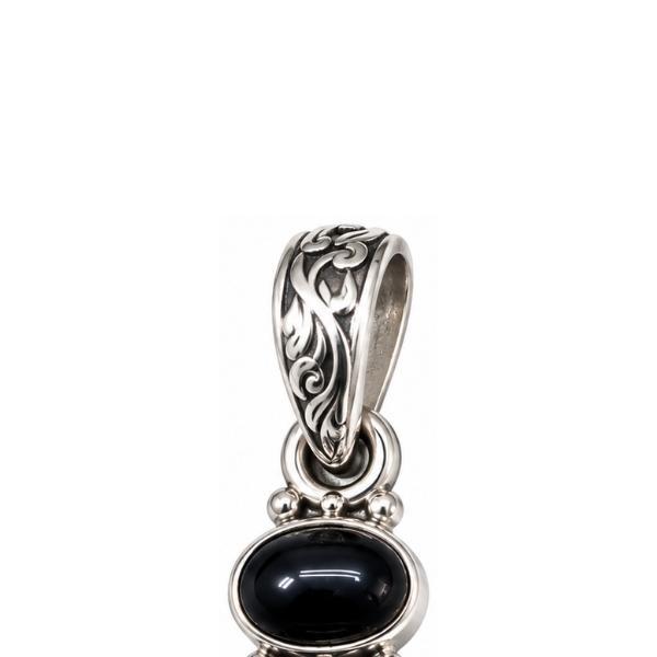PENDENTE DOPPIA PIETRA TONDA CORNICE PUNTINATA CON PIETRA CABOCHON OSSIDIANA NERA  E ARGENTO 925