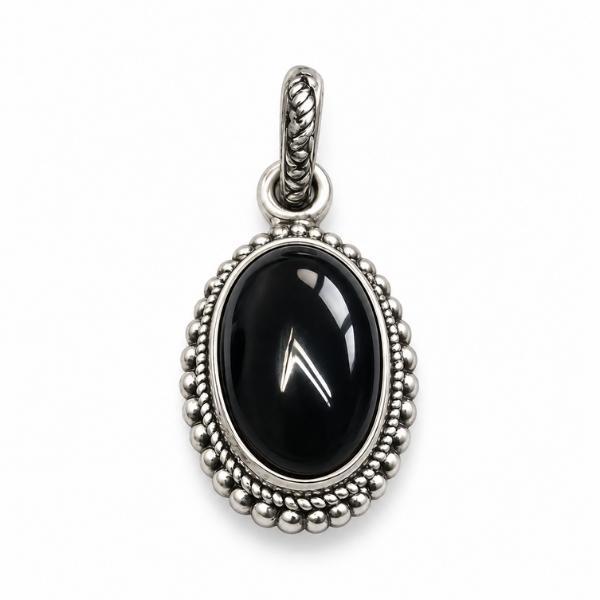 PENDENTE OVALE CORNICE PUNTINATA CON PIETRA CABOCHON TORMALINA  NERA  E ARGENTO 925