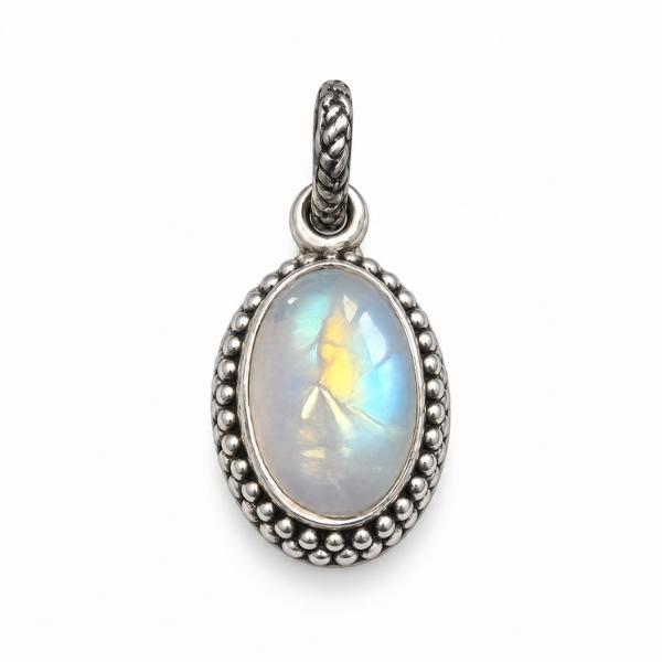 PENDENTE OVALE CORNICE PUNTINATA CON PIETRA CABOCHON ADULARIA  E ARGENTO 925
