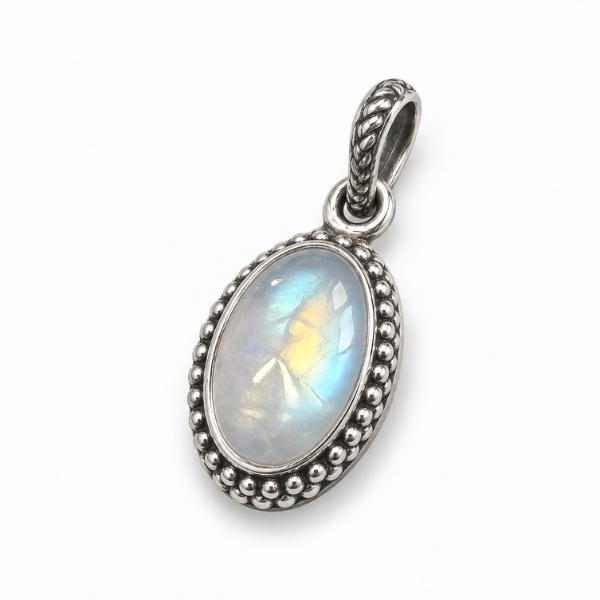 PENDENTE OVALE CORNICE PUNTINATA CON PIETRA CABOCHON ADULARIA  E ARGENTO 925