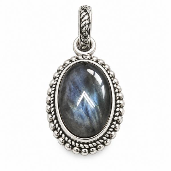 PENDENTE OVALE CORNICE PUNTINATA CON PIETRA CABOCHON LABRADORITE  E ARGENTO 925