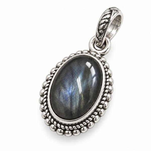 PENDENTE OVALE CORNICE PUNTINATA CON PIETRA CABOCHON LABRADORITE  E ARGENTO 925