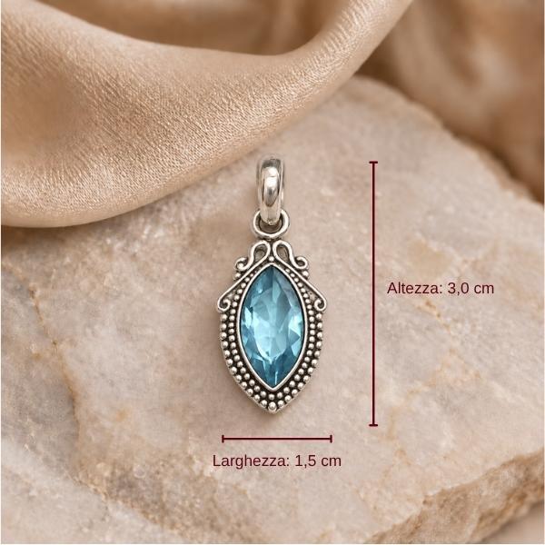 PENDENTE OVALE CORNICE PUNTINATA CON PIETRA BRIOLETTE ACQUAMARINA  E ARGENTO 925