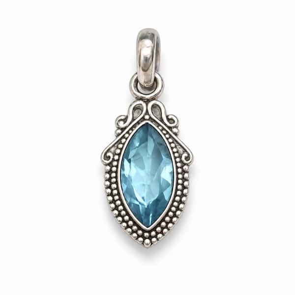 PENDENTE OVALE CORNICE PUNTINATA CON PIETRA BRIOLETTE ACQUAMARINA  E ARGENTO 925