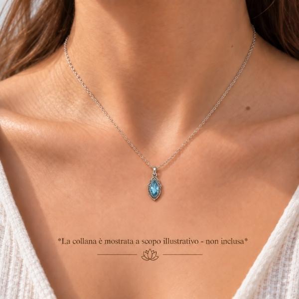 PENDENTE OVALE CORNICE PUNTINATA CON PIETRA BRIOLETTE ACQUAMARINA  E ARGENTO 925