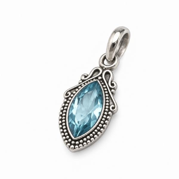 PENDENTE OVALE CORNICE PUNTINATA CON PIETRA BRIOLETTE ACQUAMARINA  E ARGENTO 925