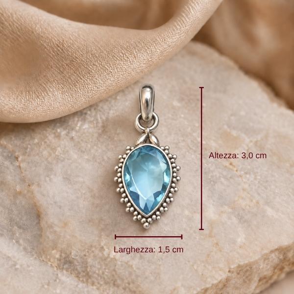 PENDENTE GOCCIA CAPOVOLTA CORNICE PUNTINATA CON PIETRA BRIOLETTE ACQUAMARINA  E ARGENTO 925