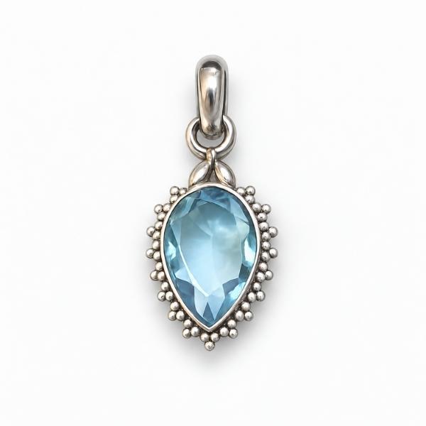 PENDENTE GOCCIA CAPOVOLTA CORNICE PUNTINATA CON PIETRA BRIOLETTE ACQUAMARINA  E ARGENTO 925