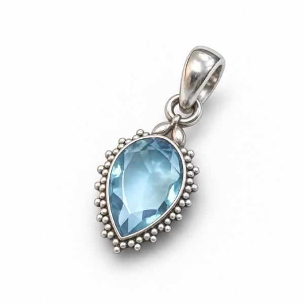 PENDENTE GOCCIA CAPOVOLTA CORNICE PUNTINATA CON PIETRA BRIOLETTE ACQUAMARINA  E ARGENTO 925