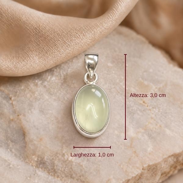 PENDENTE OVALE MINIMAL CON PIETRA CABOCHON PREHNITE  E ARGENTO 925