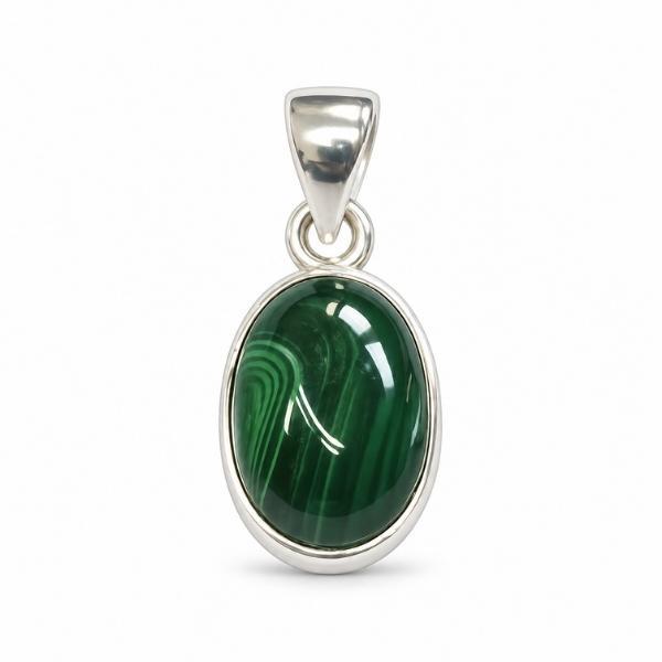 PENDENTE OVALE MINIMAL CON PIETRA CABOCHON MALACHITE  E ARGENTO 925