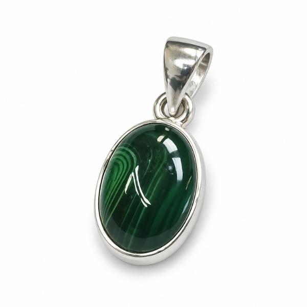 PENDENTE OVALE MINIMAL CON PIETRA CABOCHON MALACHITE  E ARGENTO 925
