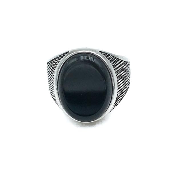 ANELLO CHEVALIER OVALE PUNTINATURA LATERALE ONICE NERO ARGENTO 925 