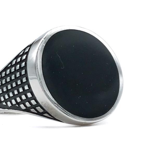 ANELLO CHEVALIER ROTONDO PUNTINATO SMALTATO NERO ARGENTO 925