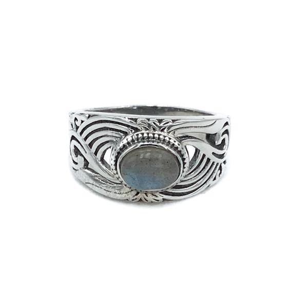 ANELLO FASCIA ETNIC INTARSIATA GEMMA LABRADORITE ARGENTO 925