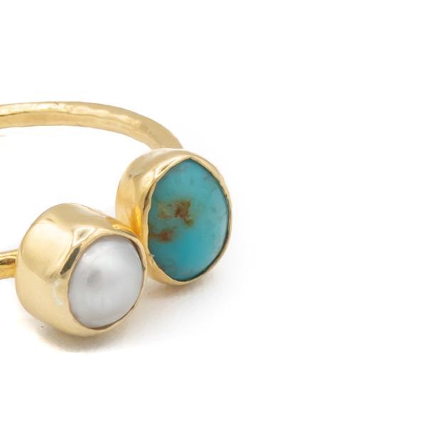 ANELLO MINIMAL REGOLABILE  DORATO TURCHESE E PERLA DI FIUME ARGENTO 925  