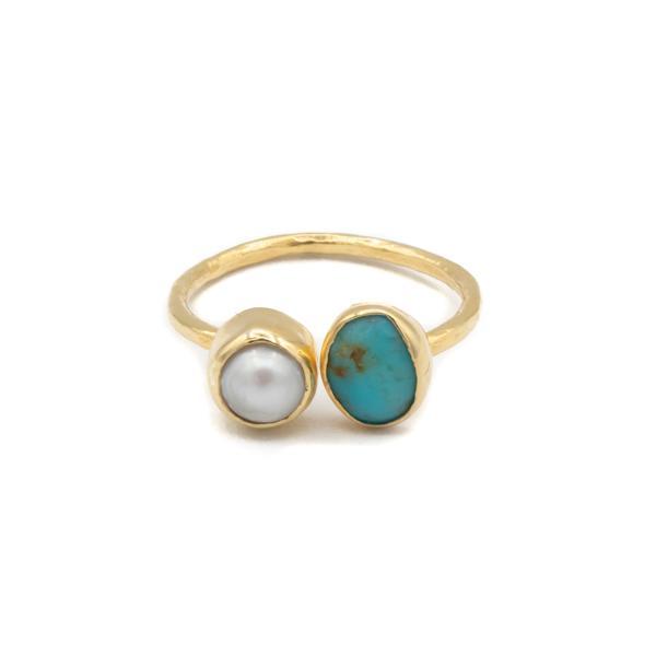 ANELLO MINIMAL REGOLABILE  DORATO TURCHESE E PERLA DI FIUME ARGENTO 925  