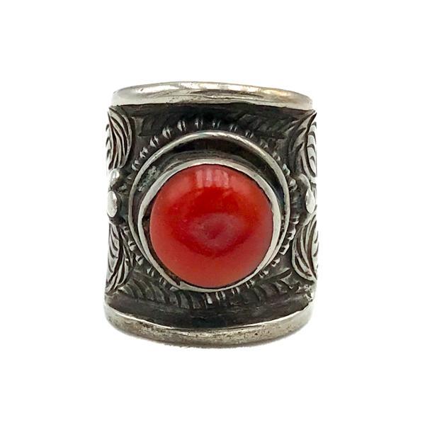 ANELLO SELLA TIBETANO REGOLABILE CORALLO ROSSO ARGENTO 925