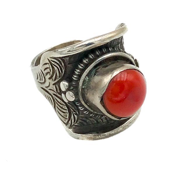 ANELLO SELLA TIBETANO REGOLABILE CORALLO ROSSO ARGENTO 925