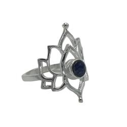 ANELLO FIORE DI LOTO PIETRA NATURALE RADICE DI ZAFFIRO ARGENTO 925