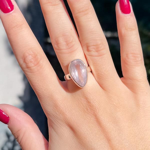 ANELLO MINIMAL NEPALESE GOCCIA QUARZO ROSA BRIOLETTE ARGENTO 925
