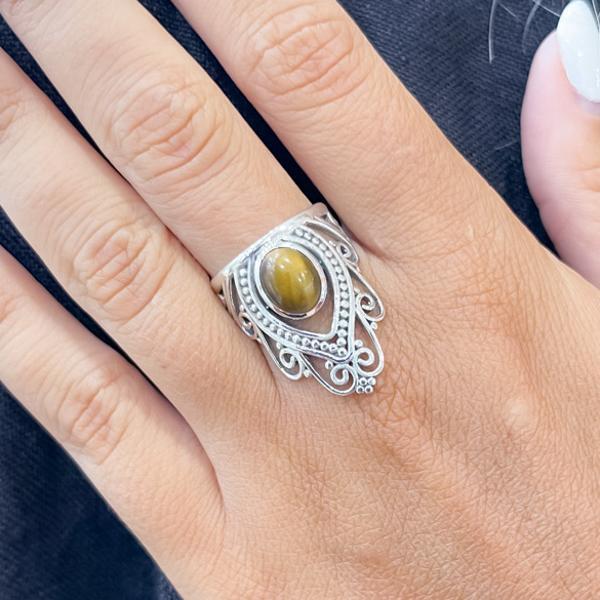 ANELLO THIN CROWN CORONA PIETRA OCCHIO DI TIGRE OVALE ARGENTO 925