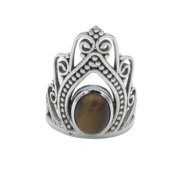 ANELLO THIN CROWN CORONA PIETRA OCCHIO DI TIGRE OVALE ARGENTO 925