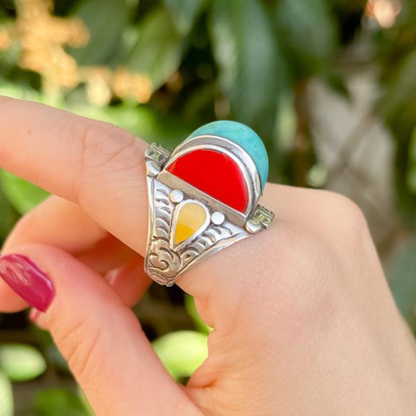 ANELLO SELLA TIBETANO CORALLO TURCHESE E COPPALE ARGENTO 925