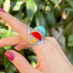 ANELLO SELLA TIBETANO CORALLO TURCHESE E COPPALE ARGENTO 925