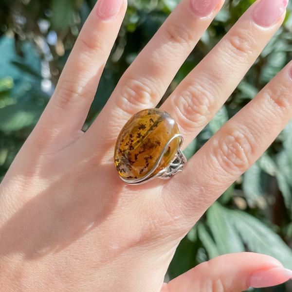ANELLO REGOLABILE FREE AMBER GEMMA AMBRA NATURALE ARGENTO 925