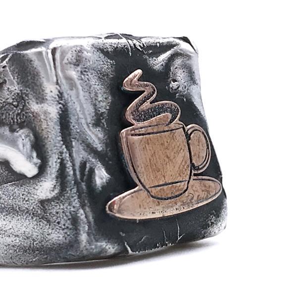ANELLO MATERICO RETTANGOLARE REGOLABILE TAZZA DI CAFFE RAMATO ARGENTO 925