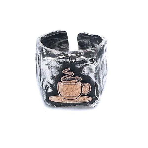 ANELLO MATERICO RETTANGOLARE REGOLABILE TAZZA DI CAFFE RAMATO ARGENTO 925