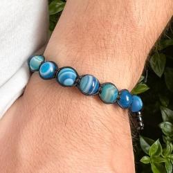 BRACCIALE TIBETANO SHAMBALLA SFERE AGATA BLU CORDINO SETA CERATA REGOLABILE 