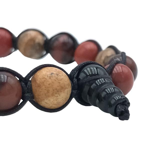 BRACCIALE TIBETANO SHAMBALLA SFERE DIASPRO PAESINA OCCHIO DI BUE CORDINO SETA CERATA REGOLABILE