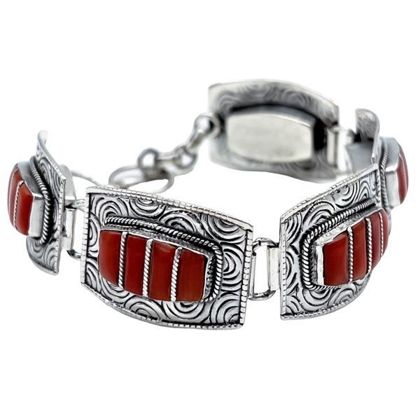 BRACCIALE TIBETANO SEZIONI RETTANGOLARI CORALLO REGOLABILE ARGENTO 925