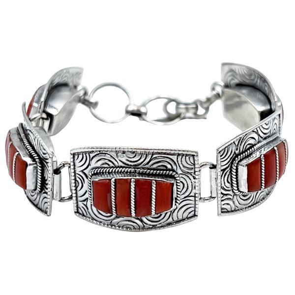 BRACCIALE TIBETANO SEZIONI RETTANGOLARI CORALLO REGOLABILE ARGENTO 925
