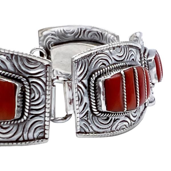 BRACCIALE TIBETANO SEZIONI RETTANGOLARI CORALLO REGOLABILE ARGENTO 925