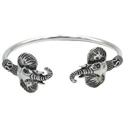 BRACCIALE REGOLABILE ELEPHANT BANGLE SEMI RIGIDO DUE TESTE DI ELEFANTI ARGENTO 925