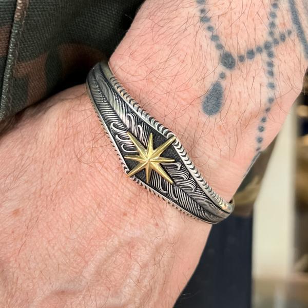 BRACCIALE ETNIC RIGIDO STELLA OTTO PUNTE  REGOLABILE ARGENTO 925